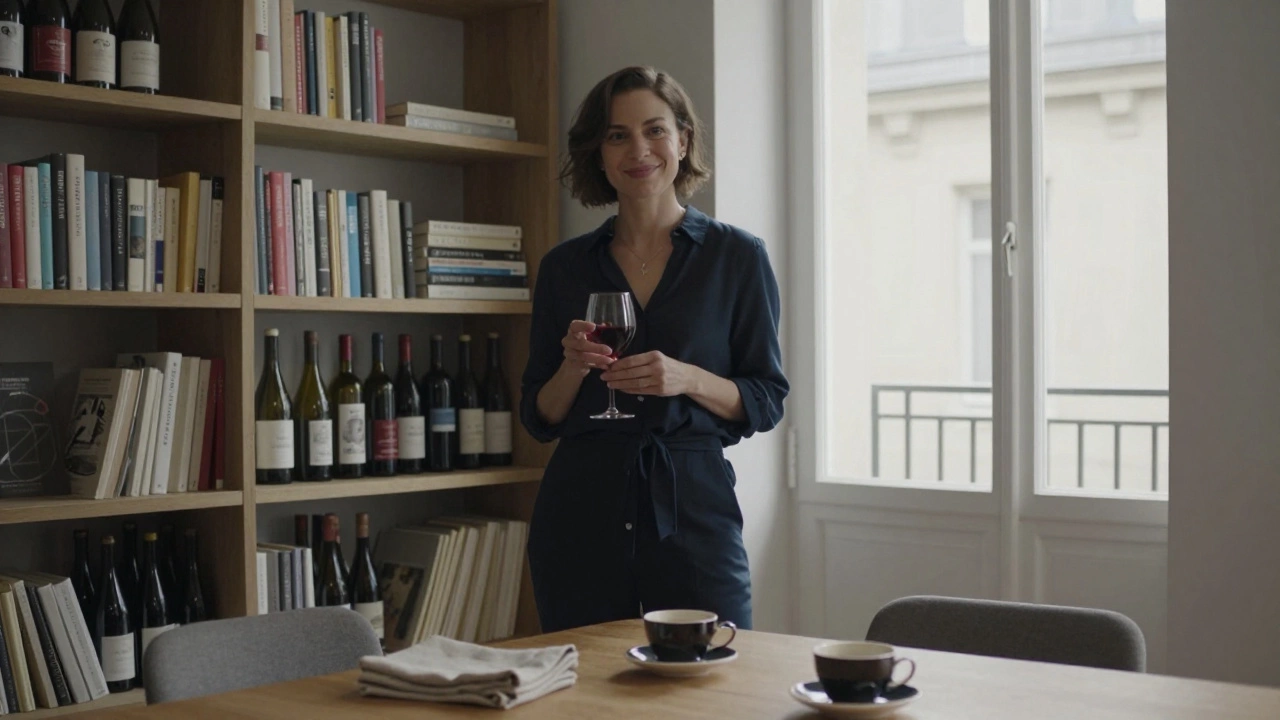 A composed woman in a private apartment surrounded by books and wine, exuding calm authenticity.