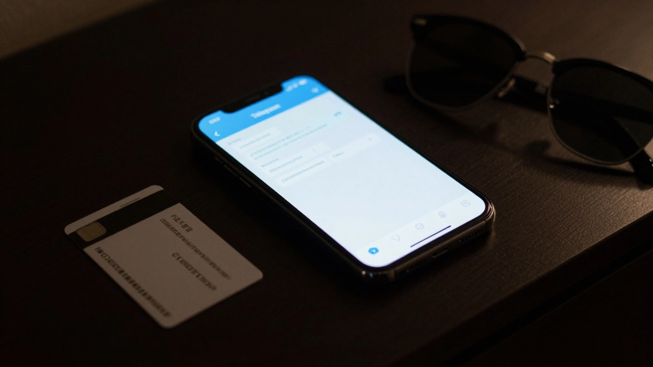 A glowing smartphone and hotel keycard lie on a nightstand, hinting at hidden connections.