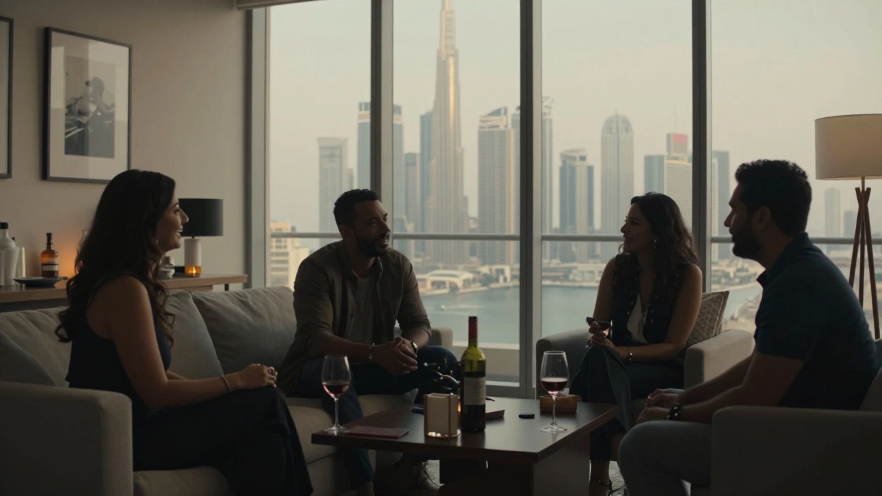 Expats socialize quietly in a luxury apartment with Dubai&#039;s skyline in the background.